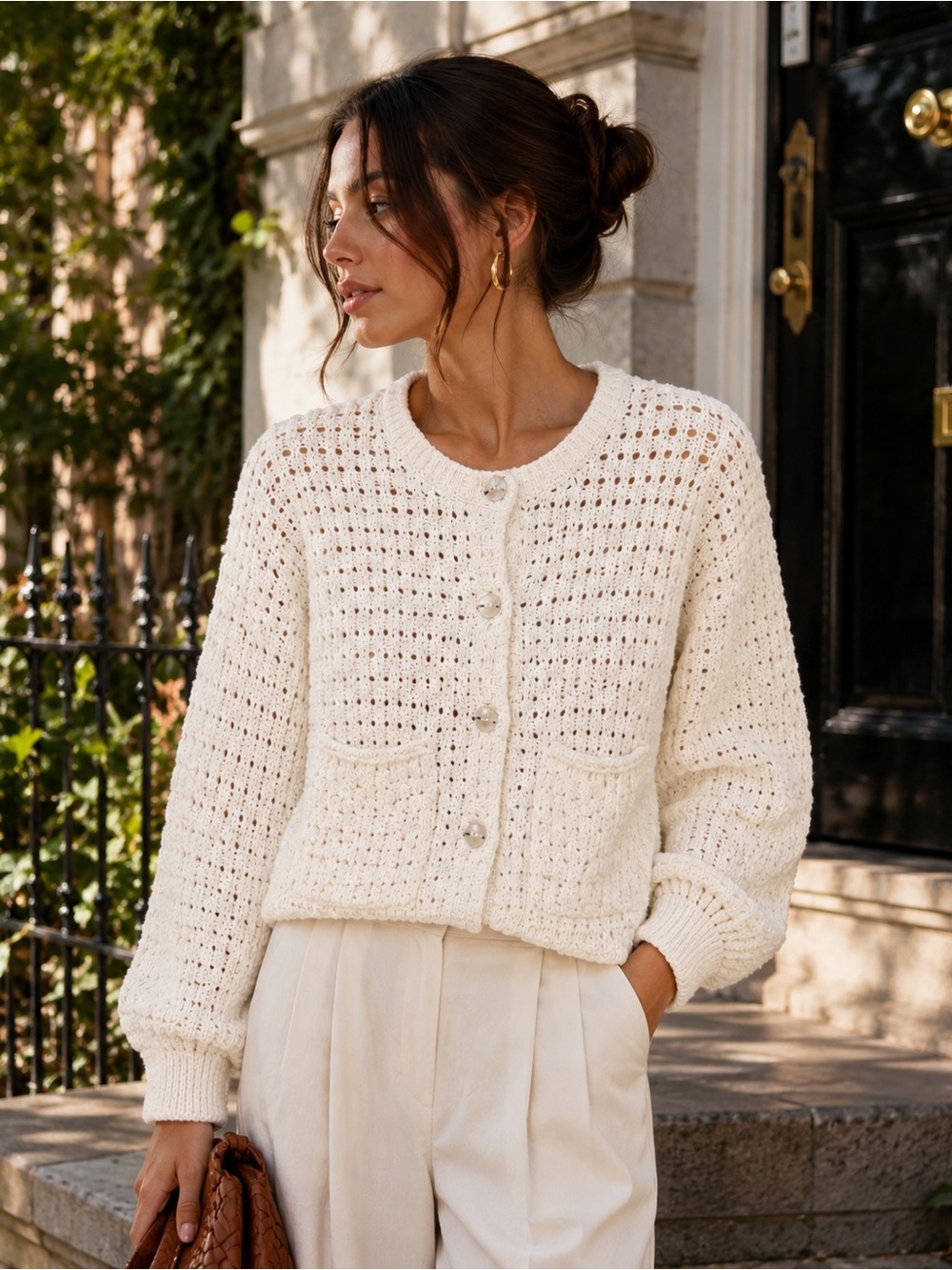 Caroline Constas Ivory Open-Knit Balloon-Sleeve Cardigan Size L New